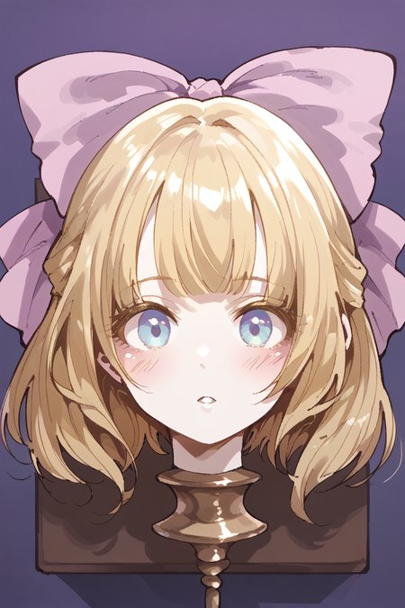 score_9, score_8_up, score_7_up, score_6_up, 
 <lora:Hagi-gihaV2:1> hagi, 1girl, solo, blonde hair, bow, hair bow, portrait, pink bow, looking at viewer, parted lips, short hair, purple background, headcon, blush