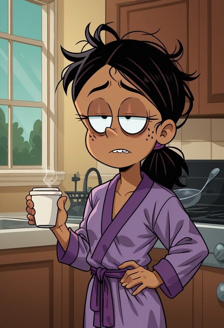 score_9, score_8_up, score_7_up, score_6_up, 1girl,solo,best quality,4k,
dark tan skin, black hair, hair down, messy hair, freckles on her cheeks, two buck teeth,show accurate, perfect anatomy, four fingers,
 indoors, kitchen background, show accurate, perfect anatomy, perfect hands, wear only purple bathrobe, loose clothes, one hand holding cup of coffee, one hand on hip, perfect hands, bags under eyes, sleepy eyes, loose clothes, eyes half close, small breast,