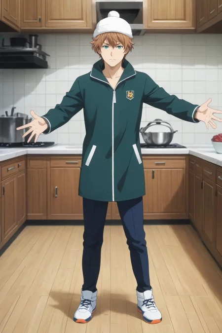score_9, score_8_up, score_7_up, , rating_safe, , (realistic:0.6), looking at viewer, , 1boy, solo, male focus, <lora:satoshi_isshiki_pony:0.82>, satoshi_isshiki, brown hair, green eyes, ahoge, hair between eyes, full body, kitchen, noon, outstretched arms, nervous, , ski hat, <lora:sdxl_lightning_8step_lora:1>