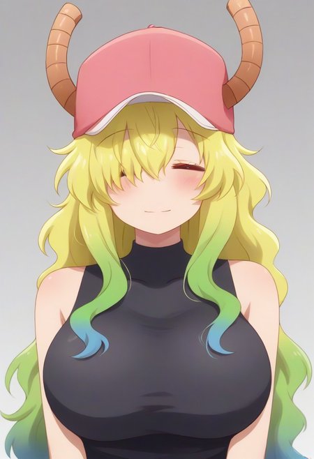 source_anime BREAK solo, 1girl,female, lucoa, blonde hair, blue hair, dragon girl, gradient hair, green hair, hair between eyes, horns, horns through headwear,pink hat, hair over eye, black tight tanktop,,closed eyes,<lora:Elbow_Squeeze__Concept_Lora-000007:1>,