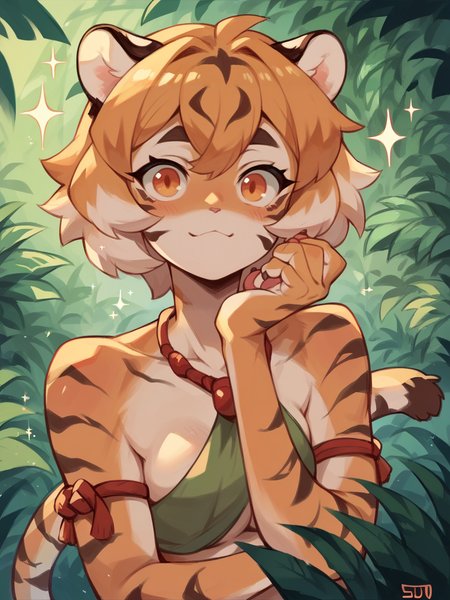 score_9, score_8_up, score_7_up, score_6_up, score_5_up, 1girl,  <lora:su1zXLP:1> su1z, tiger girl, cute, sparkle, jungle