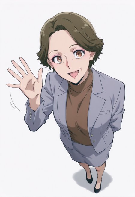 anime screencap, anime coloring,    <lora:DX888Shoko:1> haimawari shoko, brown eyes, brown hair, short hair, makeup, mature female, wrinkled skin, 
grey blazer, turtleneck sweater, brown sweater, grey skirt BREAK simple background,  white background, BREAK  1girl, dutch angle, looking at viewer,  open mouth,  smile, solo,  standing, waving, full body, (perspective:1.3),   from above, (foreshortening,:1.1)