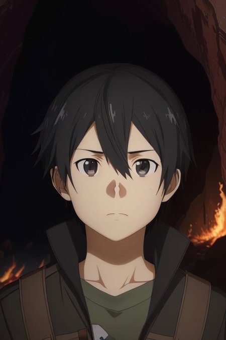 high resolution, solo, best quality, 1Boy, Kazuto Kirigaya, portraits, Black Hair, Black Eyes, cave, bunker, field Ration, bonfire, OverallDetail