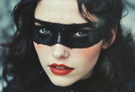 analogstyle, close up face of robotic woman with black translucent veil on the face, horror style, bokeh background