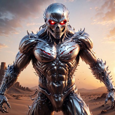 humanoid being, male character, male body, robotic appearance, robotic face and head, skull-like monstrous face, sharp metal teeth, fangs, dauntingly imposing appearance,  bad print, highly detailed -, cursed images, visionary art, oil painting, trending on artstation, artgerm, gorgeous lighting, intricate oil details, baroque, shrike monster from Hyperion, SILVER LIQUID METAL, chrome, shining chrome,  shiny chrome full armor, full helmet,  big blades and thorns all over body, extra limbs, four arms,   sharp blades, thorns, red glowing eyes, faceless, standing, wast dead desert background, detailed background,  one giant thorny chrome metal tree in the distance reaching the sky, scenery focus, 
,
Midjourney's Consistency, Dynamic Action Pose, Fibonacci Watermark Invisibly Displayed, High-res, Impeccable Composition, Lifelike Details, Perfect Proportions, Stunning Colors, Captivating Lighting, Interesting Subjects, Creative Angle, Well-timed Moment, Intentional Focus, Balanced Editing, Harmonious Colors, Contemporary Aesthetics, Handcrafted with Precision, Vivid Emotions, Joyful Impact, Exceptional Quality, Powerful Message, Raphael Style, Unreal Engine 5, Octane Render, Isometric, Beautiful Detailed Eyes, Super Detailed Face and Eyes and Clothes, More Detail, Multi Colored, Splash Ink Illustration, Grammer Effect Style, Houdini Style, Sharp Lines and Brush Strokes, High Quality, Beautiful Matte Painting, 4K, CGSociety, Artstation Trending on ArtstationHQ