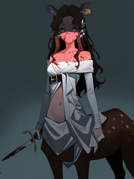 1girl,cowboy shot,jessica\\(reverse:1999\\),navel,looking at viewer,solo,simple background,,(deer girl:1.1),blood on face,yandere,shaded_face,holding,holding_dagger,night,intense shadows,<lora:jessica-000012>, masterpiece, best quality, very aesthetic, absurdres