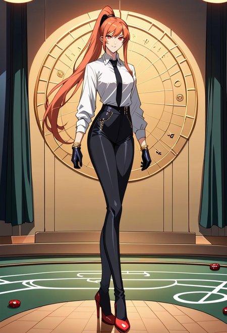score_9, score_8_up, score_7_up, 1girl, night, indoor, in a casinò, full body, dynamic shot, from high, long legs standing behing a poker table, green table, solo, dynamic pose, Feng Ling, orange hair, red eyes, medium breast, long hair, ponytail, black pants, white shirt, long sleves shirt, black gilet, black neck tie, red heels, gold slim bracelets, black gloves, looking at the viewer, long legs, nice legs, white hips ultra detailed, masterpiece, <lora:add-detail-xl:1>, <lora:StS_PonyXL_Detail_Slider_v1.4_iteration_3:4>