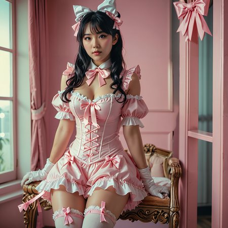 full body shot gorgeous asian woman i30 years old  cosplaying in a sexy pink  costume, white thighhigh stokings with pink bows <lora:add-detail-xl:1> masterpiece, 8k, film grain, Kodachrome 200