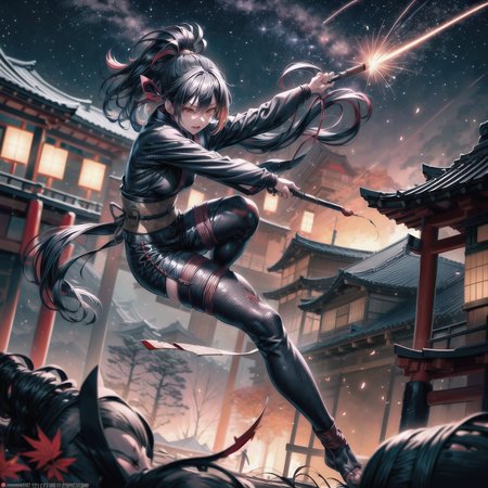 kunoichi, (((damaged clothes))), long black hair in a ponytail, beautiful face, night sky, ((action shot)), full body Japanese village, autumn, falling leave, vibrant colors, twinkling stars, intricate detail, (extremely complex:1 2), (sharp focus, realistic:1.3) <lora:more_details:1>