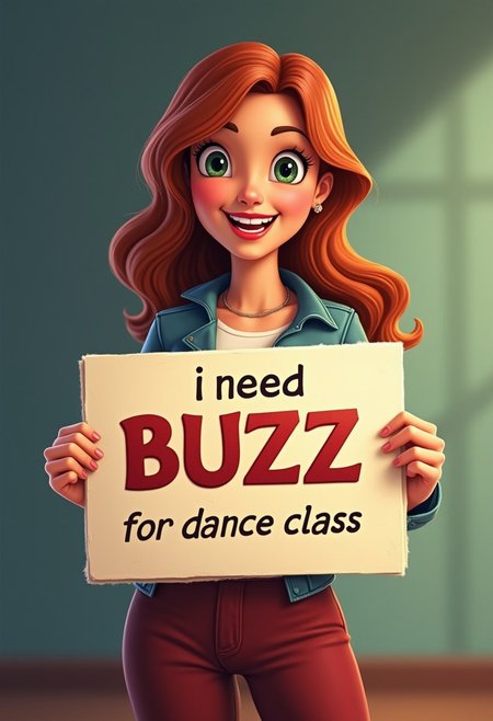 woman holding a sign it says "i need BUZZ for dance class", animated, professional, detailed,