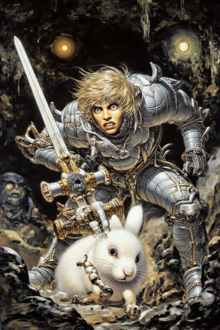 juangimenez1 illustration. 
A blonde knight fighting a small white rabbit. The blonde knight, adorned with shining armor and a frightened expression, holds a large sword. Background is an ominous cave, with stalactites hanging from the ceiling and a faint, eerie glow emanating from within.  <lora:juangimenez1_cap_d8a4e12:1.0><lora:857662552182632905:0>