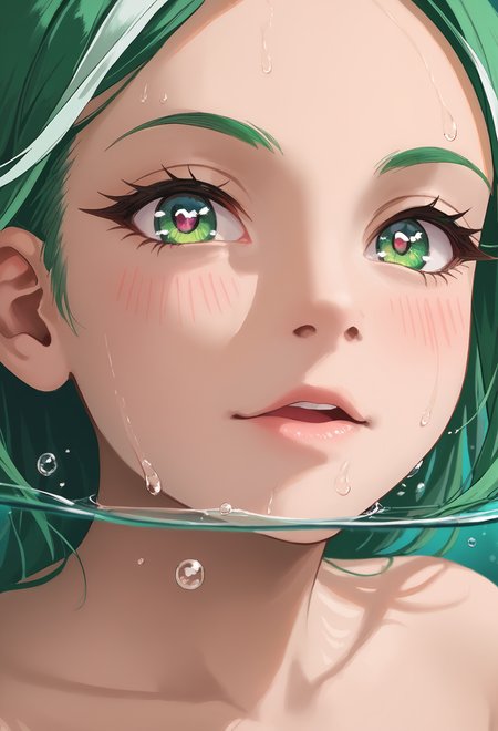 zPDXL2, depth of field, close shot, (three quarter view:0.9), (eye focus:0.9), bokeh, (partially underwater shot:1.2),
sber-chan, green hair, streaked hair, green eyes, single braid, white bow, long hair, wet, covered nipples,
(smile:0.8), swimming, open water,
hairclip, (white one-piece swimsuit:1.1), (see-through:1.2),
sunlight, waves, horizon, blue sky, cloud, open sea,
<lora:add-detail-xl:1.2> <lora:Sber-chan:0.9> <lora:partially_underwater_shot_v0.1-pony:1>