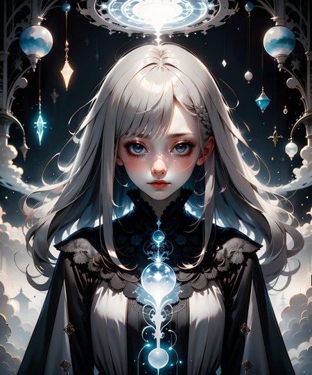 1woman, (gray straight hair:1.3), ((Gloomcore)), dark magical atmosphere, glowing, <lora:GoodHands-vanilla:1>,  <lora:AnzhcDreamwave v3_1 watermark fix:0.8>