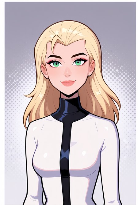 <lora:eunice-06:1> eunice, 1girl, long hair, blonde hair, green eyes, lips, , makeup, grey background, long sleeves, turtle neck, white body suit, black stripe,, smile,  cartoon, screencap, looking at viewer, smile,, upper body, halftone effect, white borders, abstract background:1.2,, masterpiece, best quality, amazing quality, very aesthetic, absurdres, newest,
