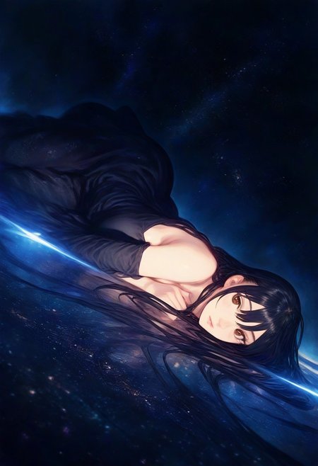 amano yoshitaka, 1girl, (dark dim dramatic atmosphere), 8k portrait of woman with super long black hair, laying on back covered in black hair, brown eyes, intricate, highly detailed, dynamic angle, depth of field, detailed background, space, stars, starlight, digital painting, smooth, sharp focus, ((masterpiece, best quality)), 8k, intricate detail, cinematic lighting, amazing quality, amazing shading, Detailed Illustration, wallpaper, official art