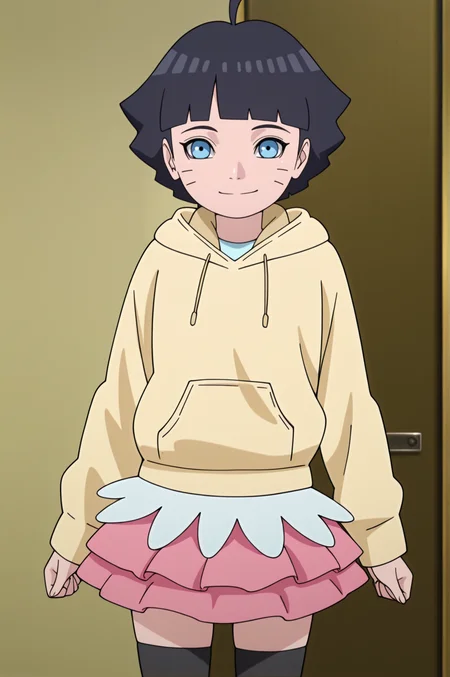 masterpiece, best quality, absurdres, highres, very aesthetic, very awa, BREAK, anime coloring, anime screencap,
 <lora:uzumaki_himawari_v2-illustrious_r1:1>,1girl, uzumaki himawari, boruto: naruto next generations, black hair, whisker markings, short hair, ahoge, blue eyes,
BREAK, looking at viewer, smile, 
BREAK, himaout, hoodie, pink skirt, layered skirt, black thighhighs, zettai ryouiki,