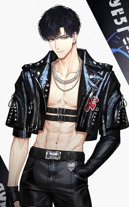 8k, best quality, masterpiece, (ultra-detailed), 
smile, (standing, medium shot, looking at viewer, white background, clean background:1.5), (pseudo-impasto:0.7), (by ask:0.5), (by rella:0.3), (by mochizukikei:0.3), high resolution, intricate details, solo, close up shot, 
<lora:xiaoyi-neta-Tanger-000014:0.8>, 1boy, xiaoyi, male focus, short hair, balck hair, 
jewelry, leather, leather jacket, necklace, jacket, abs, belt,   navel, earrings, gloves,   pants