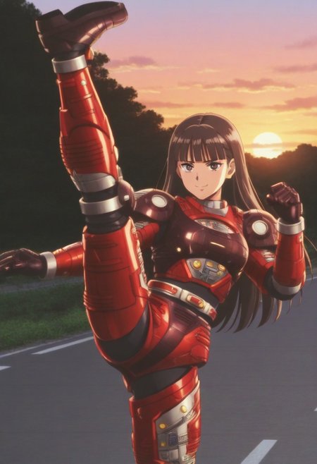 anime screencap, anime coloring,
solo, 1girl, cowboy shot 
dark hair, long hair, blunt bangs dark eyes looking at viewer, medium breasts, smile,  (covered neck), BREAK
r3ddle, robot, solo, armor, bodysuit, belt,  gloves, high kick, kicking,  shining,
outdoors, road, sunset, dramatic lighting
<lora:DetailedPerfect_hands_r1:1>    <lora:coveredneck_v1-000006:0.8>