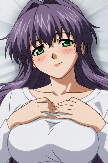 score_9, score_8_up, score_7_up, source_anime, rating_safe, intricate details, anime screencap, official style, 1girl, solo, <lora:Serizawa_Hiroko:1>, serizawahiroko, detailed lips, large breasts, purple hair, long hair, green eyes, lying on bed, blush, smile, upper body, white shirt, long sleeves, collarbone, closed mouth, hands on chest, five fingers
