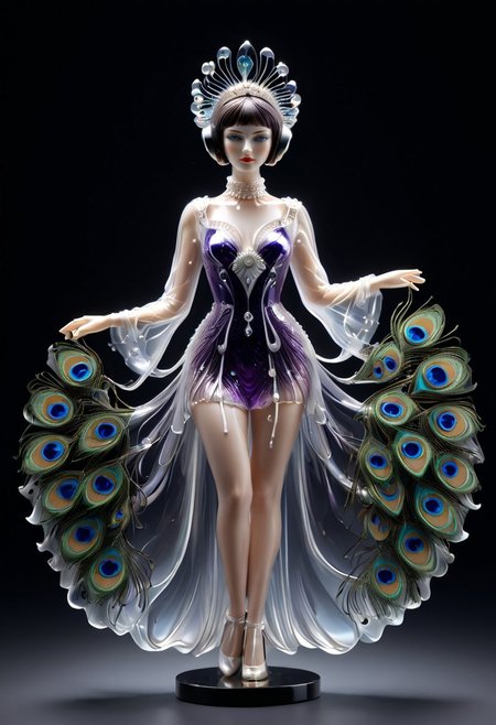 murano_glass_style, girl,1wa0, priestess, inaLoungewear, short hair, purple hair, bob cut, blunt bangs, pointy ears, blue eyes, mole under eye, hairclip,  white t-shirt, print shirt, headphones around neck, short shorts, black shorts, barefoot,, dark highlights hair, white veil, red eyes, tears, emotionless expression, choker, neon purple see-through silk jacket, neon-purple Peacock gown, see-through silhouette, white thighhighs, standing, wind, field of black flowers, flower petals flying, night time, from above, BREAK masterpiece, best quality, ultra-detailed, very aesthetic, sharp focus, depth of field, vibrant colors, ray tracing, best lighting, detailed illustration, detailed background, cinematic, beautiful face, beautiful eyes, blum effect, highly detailed, ambient occlusion, intricate cinematic neon background, best lighting, sharp focus, galaxy background, nebula, stars, neon space