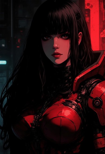 in the style of cksc,, portrait of cyberpunk female warrior, long hair, dark eyeshadow, red lips, red sci-fi armour with black embellishments, dark abstract background, silhouetted, chiascuro, light hitting one side of face, the other side in darkness, direct gaze