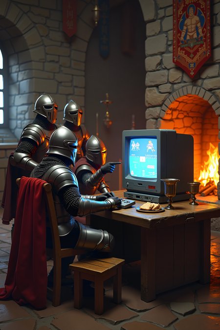 
A humorous scene featuring a group of medieval knights gathered around a Super Nintendo Entertainment System (SNES) console, intensely focused on playing a classic video game. The knights, still dressed in full armor, sit awkwardly on an assortment of mismatched wooden chairs and stools, with their swords and shields leaning against the wall. One knight, with his visor up, furiously mashes buttons on an ancient-looking controller, his armored fingers clinking against the plastic. Another knight leans in, squinting at the old CRT television screen that shows a pixelated game in bright, nostalgic colors. A third knight, standing behind the others, points at the screen with a gauntleted hand, shouting advice or cheering on the player.

The scene is set in a stone-walled medieval chamber, with tapestries hanging on the walls and a large, roaring fireplace casting a warm glow. The SNES console, looking hilariously out of place, sits on a rough-hewn wooden table next to a chalice and a plate of bread. The combination of ancient and modern elements creates a funny contrast, with the knights’ serious expressions and clunky armor adding to the absurdity of the situation. The lighting is cozy and soft, highlighting the blend of medieval and 90s nostalgia in this playful and unexpected mashup.