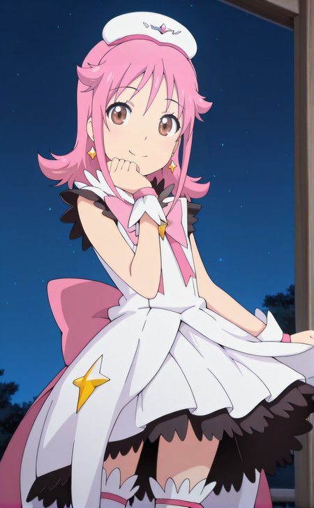 masterpiece, best quality, highres, newest, 1girl, solo, official style, anime screencap, <lora:IL_Subaru:1>, subaru, pink hair, brown eyes, medium hair, earrings, magical girl, white hat, pink bow, white dress, white wrist cuffs, white thighhighs, looking at viewer, smile outdoor, night sky, cowboy shot, hand up
