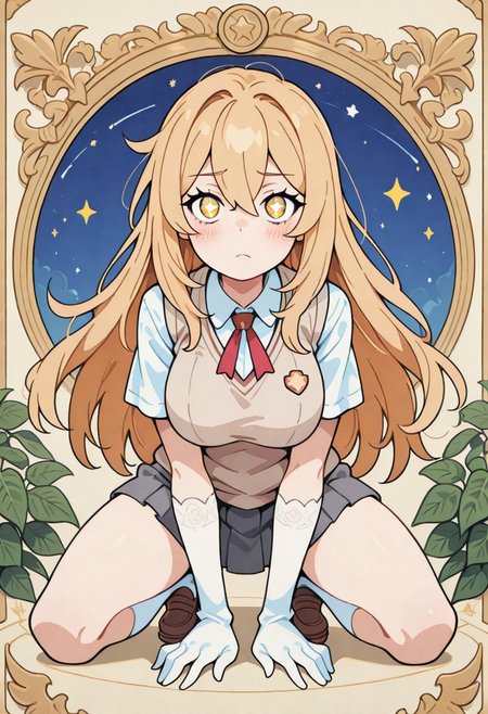1 girl , solo , misaki shokuhou, blonde hair, hair between eyes, long hair, symbol-shaped pupils, yellow eyes, breasts, anime screencap, elbow gloves, gloves, school uniform, short sleeves, summer uniform, sweater vest, tokiwadai school uniform, white gloves, light brown sweater vest,
blushing , eyelashes , cute , winking , star , 
large breasts , beautiful breasts , slim , slender , 
full body view, kneeling, spread legs, leaning forward, 
from front, front view, straight-on, look at viewer, 
masterpiece, best quality ,amazing quality ,S4bit4mago_illu , Protoneon  ,s0wasow4rt_illu, t1m3r
