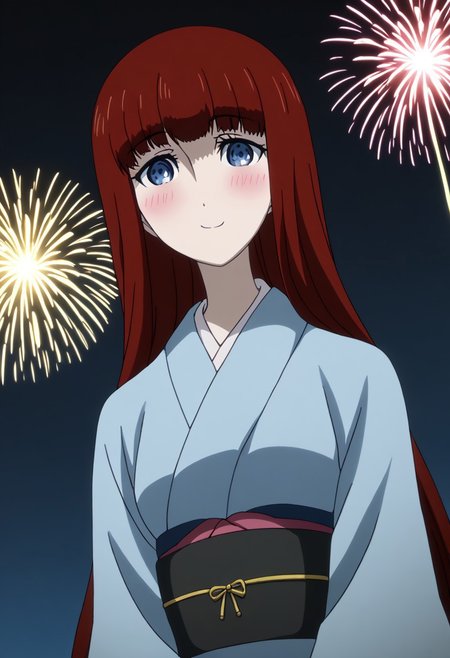 rating_safe, Ultra-high-detailed Anime illustration of Kagari Shiina from Anime Steins;Gate 0. 
The artwork features Kagari in a solo, full body, standing position with a outdoors, flield, and night background. night time. night. stars.
She is depicted with intricate details showcasing her large breasts, natural_breasts. She is a white skinned, 22 years old woman. Kagari is looking_at_viewer with perfect_eyes, Her pupils are highly detailed. The eyes are open. blue eyes. Kagari's eyes are highlighted. Highlighted eyevrows. 
She has long hair, red colored hair, styled in blunt bangs and floating hair.
She is wearing a blue kimono and black shoes. japanese kimono, kimono.
The artistic style is intricate_details_xl with a focus on Anime art. The color palette emphasizes red and black with detailed strokes to bring out the character's features. The lighting creates dramatic shadows and highlights, adding depth to the artwork. The perspective is from a face focus, dutch angle to enhance the impact of the character's expression. This masterpiece is a true portrayal of Kagari's complex personality and will captivate any fan of Kagari. uncensored, upper body, blushing, smile, Kagari Shiina,
perfecteyes,
<lora:Steins_Gate:1>
kimono
happy new year!, Happy New Year fireworks, Happy New Years, golden colored fireworks