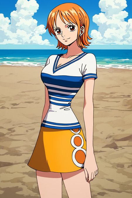 score_9, score_8_up, score_7_up, score_6_up, score_5_up, score_4_up,  <lora:nami_pre_timeskip_many_outfit:0.8>, nami, orange hair, short hair, brown eyes, white shirt, striped shirt, yellow skirt,  1girl, alone, standing, looking at the viewer, masterpiece, highres, highly detailed face, highly detailed shining eyes, symmetrical highly detailed eyes, entire body, beach, sand, sea