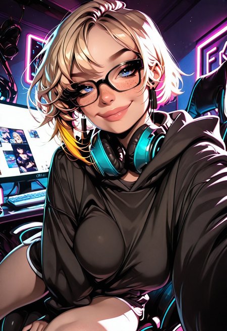 masterpiece, best quality, amazing quality, very aesthetic, gothic style, 1girl, (adult), asymmetrical pixie cut, blonde hair, neon highlights, blue eyes, freckles, medium soft breasts, black rectangular eyewear, headset around neck, large oversized hooded sweater, dolphin shorts, looking to viewer, flirty smile, sitting in gaming chair, feet up to the side, phone selfie, dynamic angle, detailed background, gaming bedroom, gaming chair, computer, gaming mess, screen light, neon lights, night lights, highly detailed,sexyper, EGirlPFP, sexy