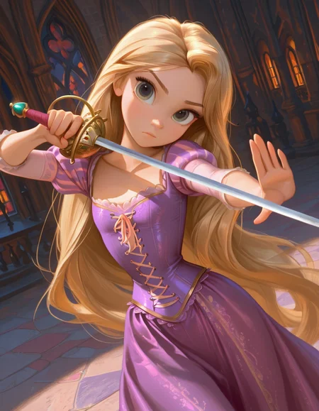 highres, hi res, best quality, masterpiece, oil painting, realism, 1girl, flat chest, narrow waist, petite body, (RapunzelXL:.8), purple dress, pale skin, very long hair, green eyes, blonde hair, puffy sleeves, short sleeves, corset, duelist, dutch angle, battle pose, (fighting stance:1.1), looking at viewer, (one hand holding sword, one hand up), (rapier:1.2), rapier focus, single sword, from above, solo, dynamic pose, cowboy shot, head tilt, in a castle,
 <lora:ARapierXL_concept-12:0.7>, RapierXL,<lora:RapunzelXL_character-12:1>,  <lora:USNR_STYLE_ILL_V1_lokr3:.8> <lora:StS_Age_Slider_Illustrious_v1:-3>
