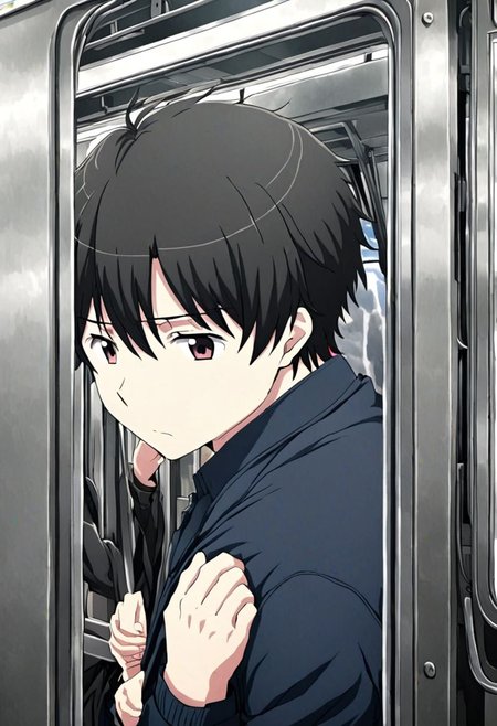 high resolution, solo, best quality, 1Boy, Inaho Kaizuka, Black Hair, train, inside train, OverallDetail