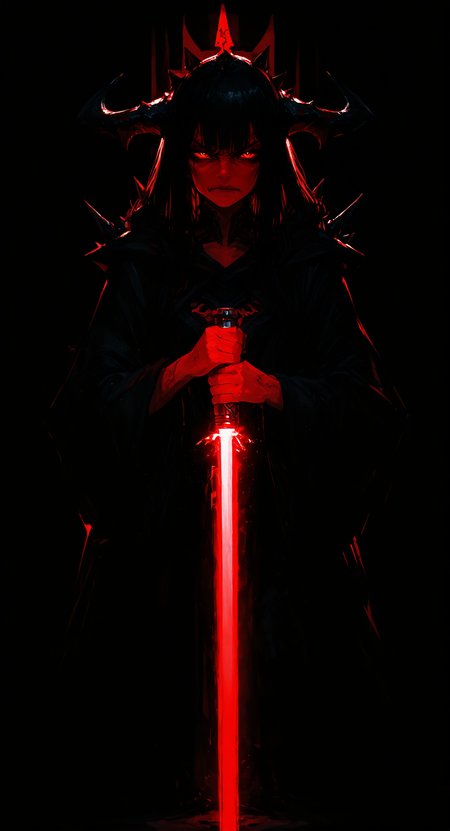 masterpiece, best quality, good quality, very aesthetic, absurdres, newest, 1girl, red skin, Darth Maul like spikes on head, dressed in a dark Sith lord robe, Dark Jedi,angry expression, scowling, holding a red lightsaber, pitch black background only illuminated by red lightsaber, perfect lightsaber, lightsaber pointed at viewer, concept art, looking at viewer,straight on,backlit, backlighting <lora:spo_sdxl_10ep_4k-data_lora_webui:0.6> <lora:ponyv5_noobV065S_1_adamW-000013:0.7> <lora:USNR_STYLE_XL_lokr:0.45> <lora:GBF_Illustrious:0.4> <lora:748cmSDXL:0.8> <lora:backlitILL:1>