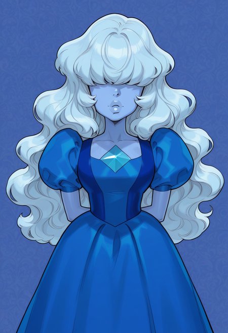 <lora:Sapphire_SU:1>,  <lora:AKinuNishimura_Style:1>, sapphire_(Steven Universe), blue dress,large hair, light blue hair, wavy hair, hair bangs over eyes, blue color skin, wallpaper, very aesthetic,  thick lips, hands behind body