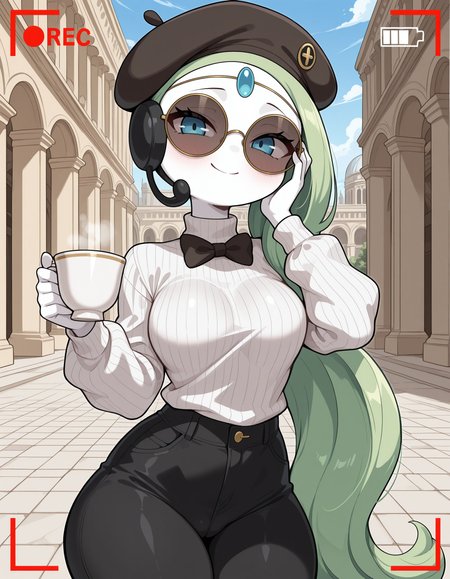 masterpiece, best quality, amazing quality, very detailed, newest, no humans, WnMltt, white skin, forehead gem, green hair, blue eyes, pokemon \(creature\), 1girl, anthro, celebrity, (camera flashes), bowtie, casual clothes, beret, round glasses, (sunglasses), holding a cup of coffee, white sweater, black pants, (solo), hand at face, outdoors, rome, italy, classic architecture, (recording overlay), smile, <lora:4cccbc02-2bd2-4623-a661-feb02be03f0c:0.9>