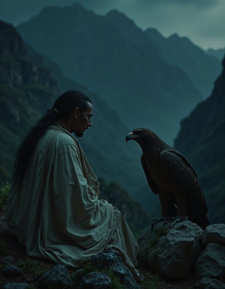 Night. High mountains, a gorge. A man in primitive ancient light-colored clothes, with his back pressed against a rock, sits in front of him a large eagle. A gloomy mystical atmosphere. Cloudy, raining. An otherworldly atmosphere. In the background there is a gradient dark sky and rare stars.. UHD, 32K


