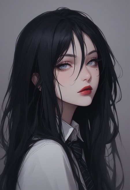 score_9, score_8_up, score_7_up,Goth girl, goth girl 1girl, 1girl,solo,long hair,looking at viewer, hair between eyes,blue eyes,shirt,black hair,jewelry,closed mouth,white shirt,necktie,collared shirt,lips,grey eyes,mole under eye,portrait,red lips, <lora:add-detail-xl:0.4> , <lora:[GP] somethingweird [Pony XL]:0.2>, <lora:g0th1cPXL:0.3>,  <lora:Goth_girl_XL-v2:0.8> ,<lora:st4t1ctvXLP:0.8>