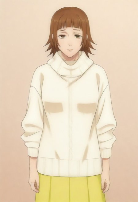 masterpiece, best quality, amazing quality,,, shiny skin,,,,,,,,yuozawa, brown_eyes, brown_hair, short_hair, blunt_bangs,, turtleneck, white_sweater, long_skirt, yellow_skirt,