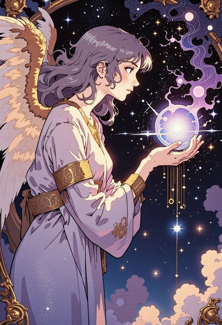 Flat colour ff-fbs style image, Slomesty, this image is a rich, painterly depiction in soft pastel hues with intense golden accents, merging Baroque elegance with an ethereal fantasy theme. The flowing lines and delicate ornamentation remain but are now reminiscent of celestial engravings and divine patterns. The elongated, stylized woman is an angelic figure, her body draped in translucent, flowing robes that seem to shimmer between reality and dream, adorned with intricate gold embroidery that forms moving constellations across her skin. Her cascading, wavy hair is composed of pure stardust, flickering with radiant silver and violet luminescence.
She hovers in mid-air, viewed from the side, her delicate hands gently cradling a glowing celestial orb directly in front of where her face should be. Her fingers barely touch its surface, as if feeling its warmth without disturbing its form. The orb pulses with a shifting spectrum of cosmic light, swirling galaxies and celestial bodies forming and dissolving within its depths. Faint golden threads extend from the glowing sigils on her arms, intertwining seamlessly with the orb’s luminous patterns—an intimate communion with the divine, as if receiving whispers from the fabric of the universe itself.