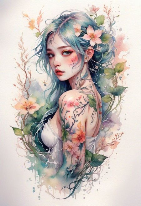 tattooed waifu, watercolor tattoo style, delicate washes of color, flowing tattoos, nature motifs (flowers, vines, animals), ethereal beauty, soft lighting, anime eyes