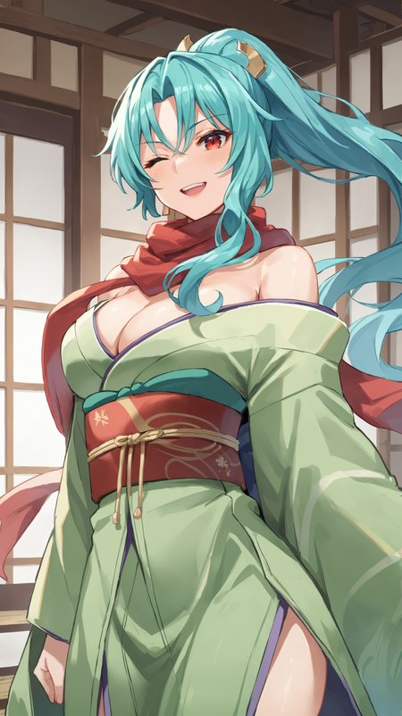 score_9,score_8_up,score_7_up,score_6_up, source_anime, zPDXL, <lora:xl_more_art-full_v1:0.5>, woman, dynamic pose, winking, <lora:Tomoe  - Pony-000004:0.8>, green kimono, long hair, aqua hair, ponytail, red eyes, red scarf, red obi, japanese house interior,