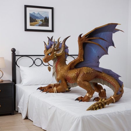 score_9, score_8_up, score_7_up, score_6_up, masterpiece, high quality, realistic, detailed, best quality, 1girl, solo, rating_safe, source_furry, white bed, bedroom, smiling, seductive, looking at viewer, on bed, full body, feral, soridormi_wc, dragon, bronze scales, wings, horns, tail, claws, female, 1girl, (blue sclera, glowing eyes) feral