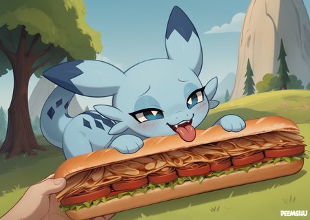 score_9, score_8_up, score_7_up, score_6_up, score_5_up, score_4_up, feral chillet licking a sandwich, tongue, freshcock, eatfresh, behaving like a cat, blue body, full body, show accurate, cute, dark blue diamond chest markings, giant, bedroom eyes, background text, nutty<lora:chillet-v3e10:1>,<lora:EatfreshPDXL:1>
