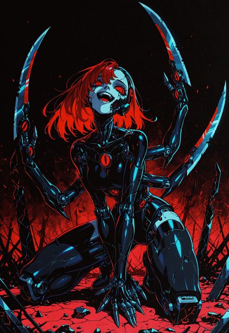 masterpiece, best quality, amazing quality, high resolution, aesthetic, 1girl, robot girl, black body with red details,  red eyes, asymmetric hair, headtilt, broken robot, crazy, dark background,  DRKWB, blade arms, on one knee, open mouth,  laughing