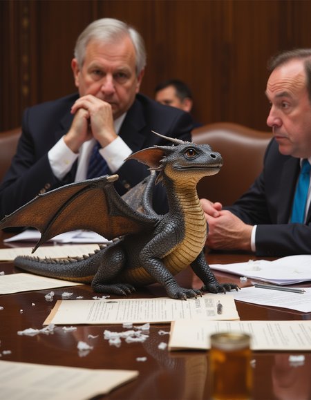 closeup photog a winged baby dragon interfering with the passage of laws in the US Senate, detailed background of the Senate chamber with frozen and confused Senators watching the dragon making a mess of documents and stationery. The dragon's scales of varying color and are hard and shiny as though metallic. 