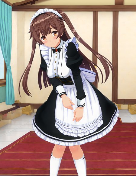 <lora:pony_xl_muku:0.8>,muku,score_9,source_anime,best quality,masterpiece,super fine illustration,1girl,solo,looking at viewer,maid,maid headdress,black dress,puffy sleeves,long sleeves,maid apron,frills,kneehighs,white socks,smile,shy,light_blush,looking at viewer,indoors,window_,curtains,cowboy_shot,looking_at_viewer,standing,