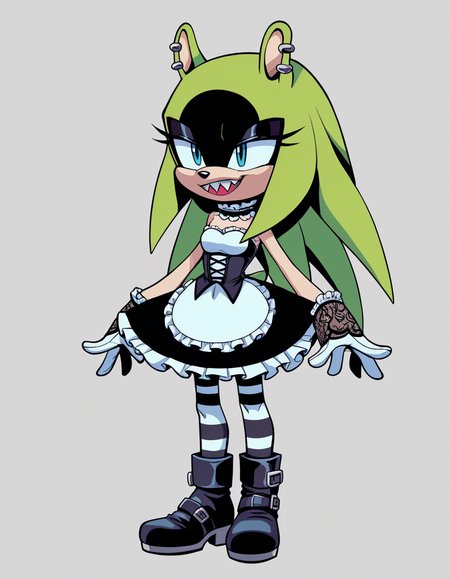 zPDXL, score_9, score_8_up, score_7_up, score_6_up, score_5_up, source_anime, 4k, absurdres, 1girl, solo,
<lora:Surge_v2mini_LoCon:0.8> surge the tenrec, (green fur), (black fur), two-tone fur, aqua eyes, black eyeshadow, long quills, shaded face, quills down,
sharp teeth,  petite, small breasts, (gothiclolita wearing Victorian-inspired costume with a high-neck lace blouse, tiered skirt, striped stockings, lace-up boots, lace choker adorned with a cameo pendant,lace gloves with ribbon ties),