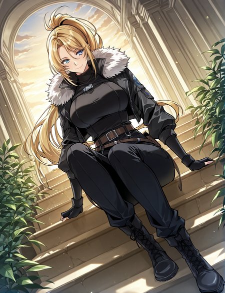 <lora:Kiri_Frodmain Illustrious:1>
1 girl, solo, blue eyes, blonde hair, long hair, ponytail, bangs, large breasts
fingerless gloves, black cloves, black jacket, fur-trimmed jacket, black pants, fur trim, turtleneck, belt
score_9, score_8_up, score_7_up, very aesthetic, source_anime, detailed, high quality, beautiful, masterpiece, detailed eyes, mansion, plants, flowers, clouds, light smile, dynamic angle, full body, sitting on stairs