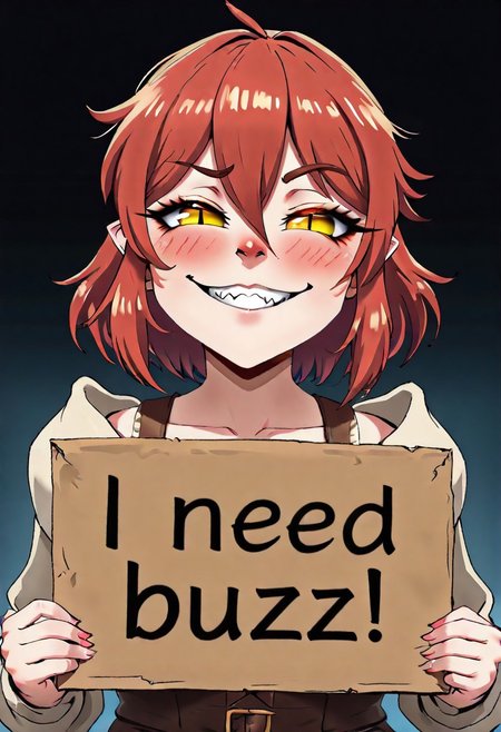 masterpiece, need_buzz, holding sign, anime, 1girl, smug, gradient background, yuanti, slit pupils, pointed ears